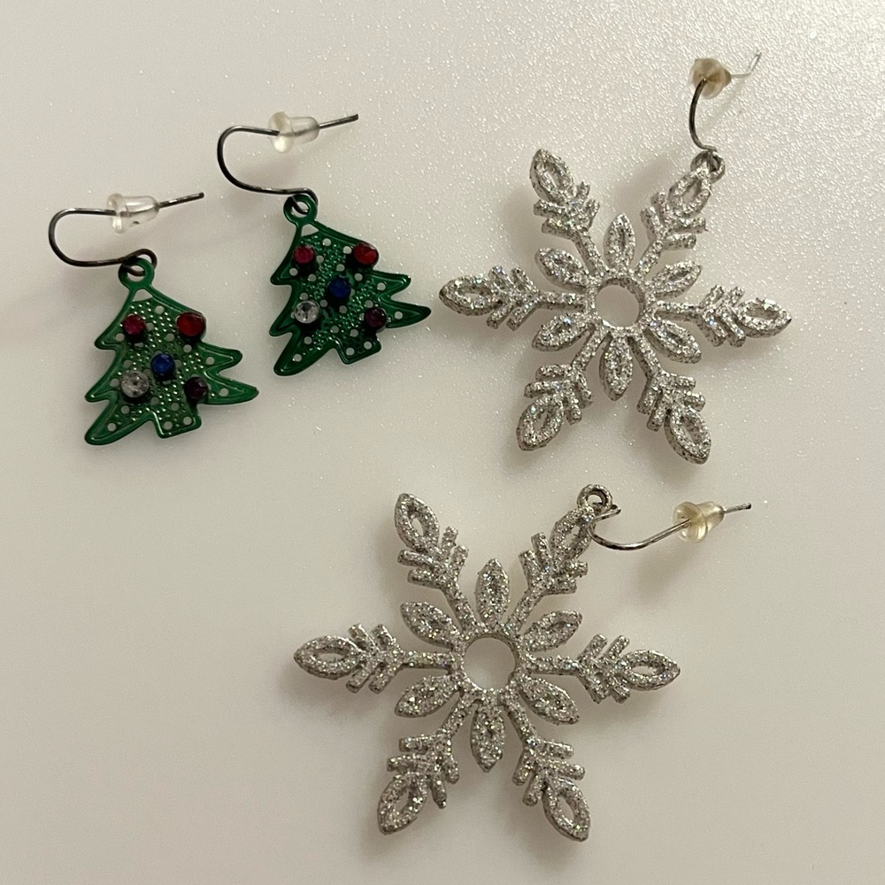 Lot of 2 Christmas Tree and Snowflake Dangle Rhinestone Earrings